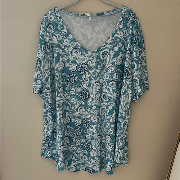 Amazon Tops - Amazon Teal and White Paisley Blouse